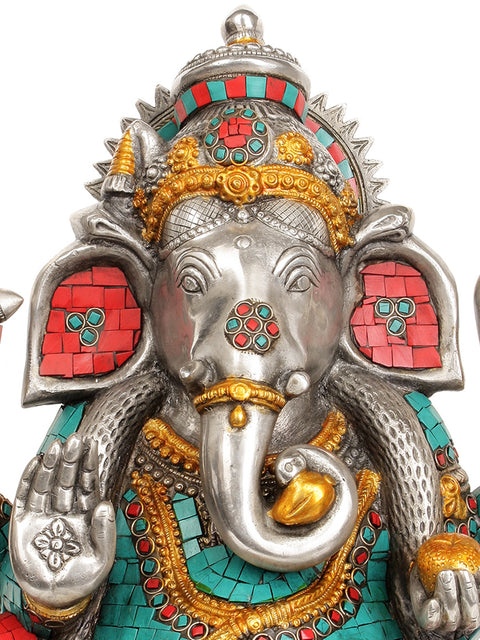 13" Lambodara Ganesha in Silver Hue with Coral and Turquoise Color Inlay In Brass