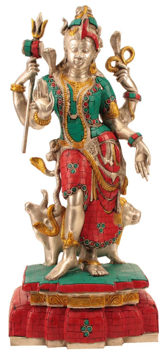 19" Ardhanarishvara Brass Statue with Coral and Turquoise Inlay Handmade