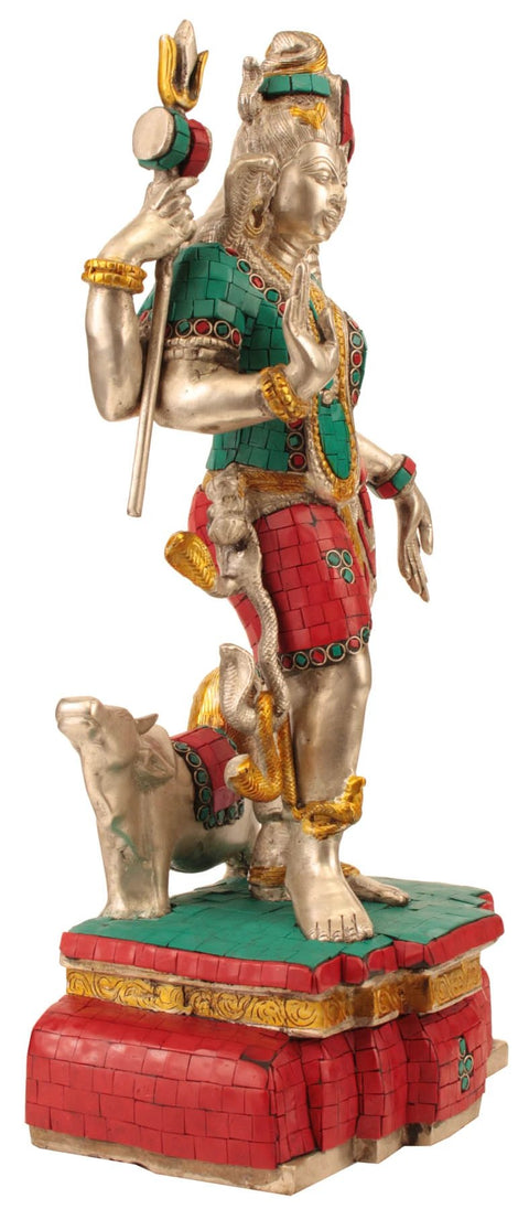 19" Ardhanarishvara (Shiva Shakti) with Coral and Turquoise Color Inlay In Brass | Handmade | Made In India