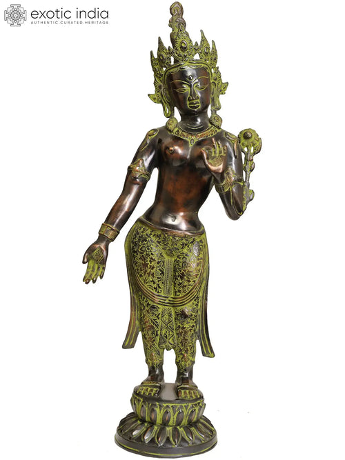 30" Standing Devi Tara Handmade Brass Idol for Buddhist Pooja