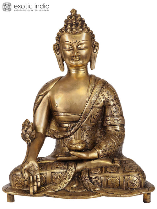 14" Medicine Buddha Brass Statue with Lotus Decorated Robes