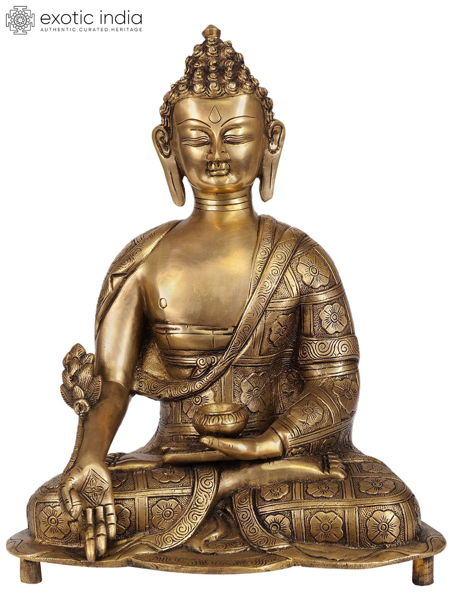 14" Medicine Buddha Brass Statue with Lotus Decorated Robes
