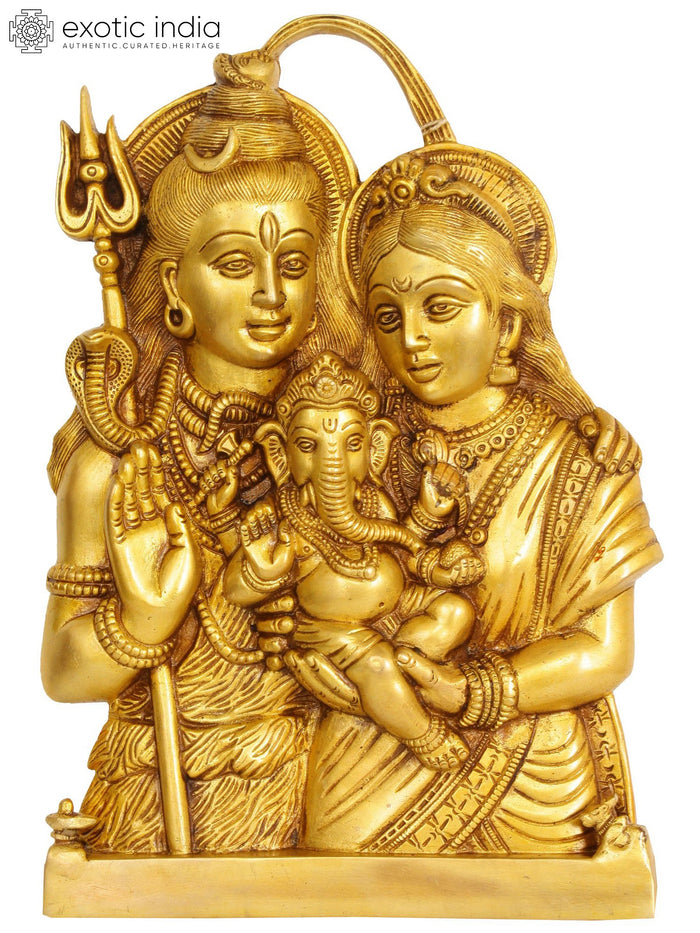 12" Shiva Parvati with Baby Ganesha Brass Wall Hanging Statue Handmade
