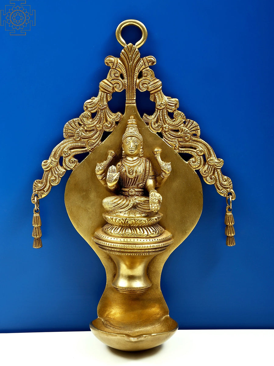 10" Brass Goddess Lakshmi Wall Hanging Lamp with Twin Bells