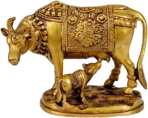 5" Brass Cow and Calf Handmade Statue