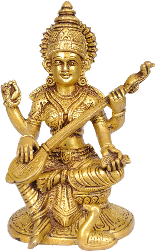 6" Goddess Saraswati Handmade Brass Idol for Home Pooja