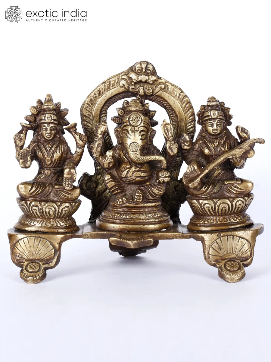 5" Ganesha Lakshmi Saraswati Brass Statue Handmade