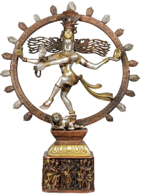 22" Triple Hued Nataraja (Pedestal Decorated with Dancing Figures of Shiva Parvati) In Brass | Handmade | Made In India