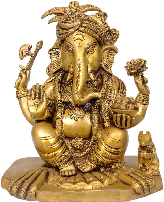 Brass Turbaned Ganesha Idol for Pooja
