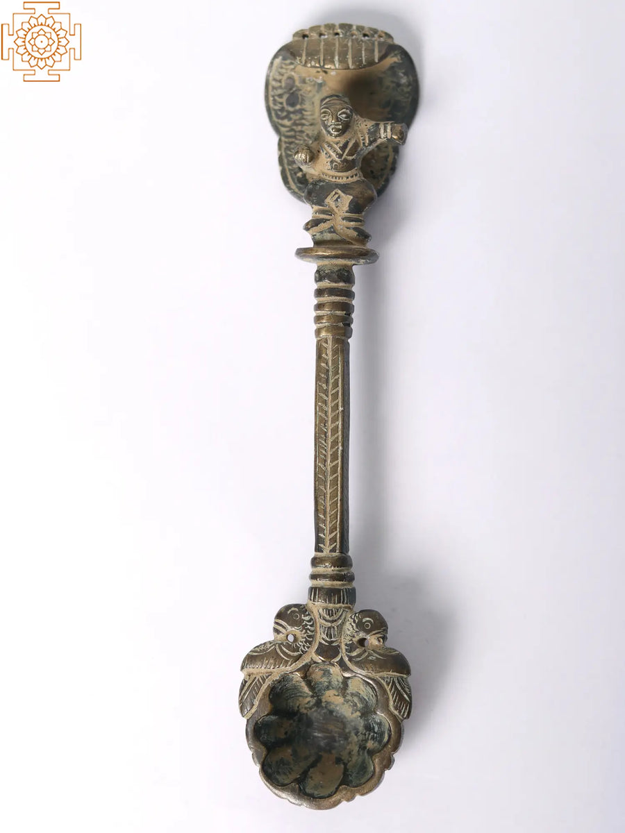 6" Handmade Brass Baby Krishna Peacock Ritual Spoon