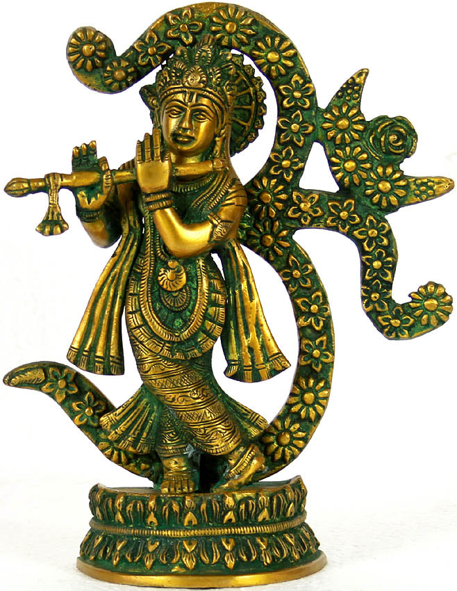 8" Krishna in OM Brass Statue Handmade for Pooja