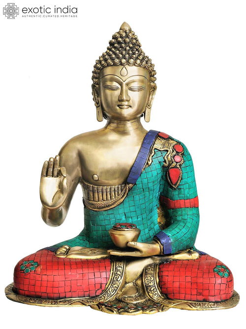 15" Preaching Buddha Brass Statue with Inlay Work Handmade