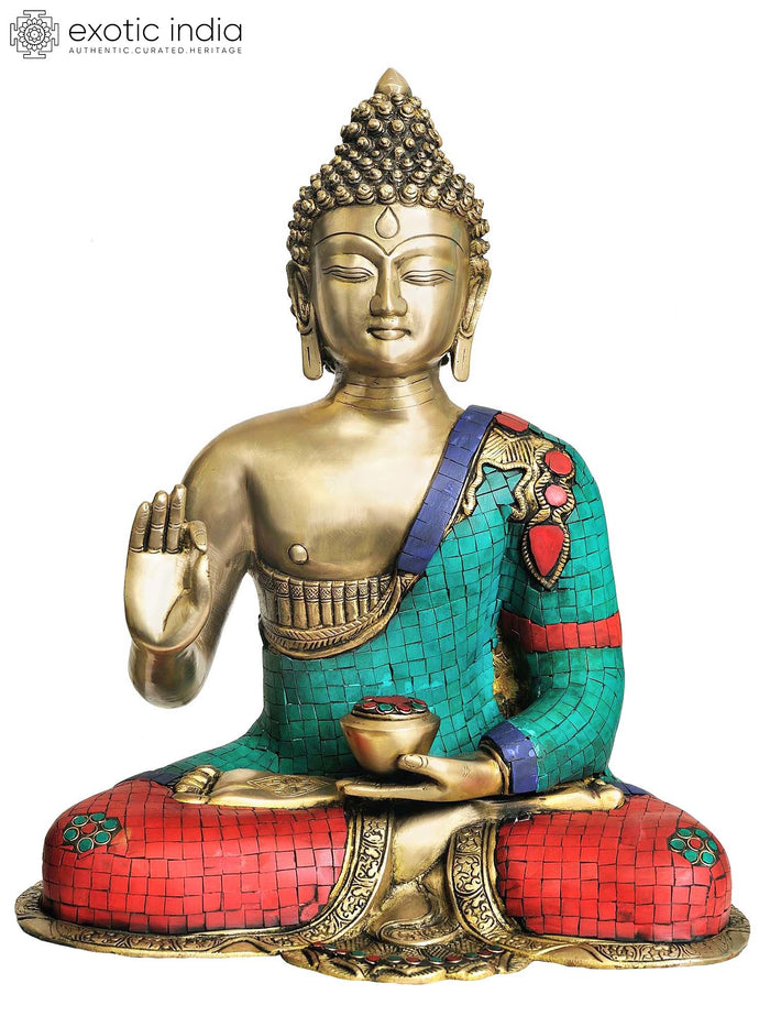 15" Preaching Buddha Brass Statue with Inlay Work Handmade