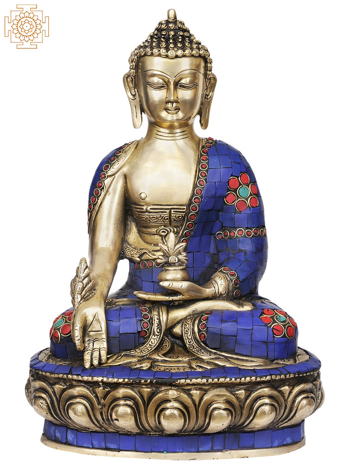 12" Lapis Lazuli Healing Buddha Brass Statue Handmade
