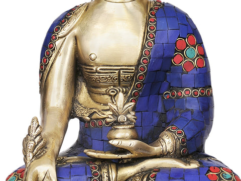 12" (Tibetan Buddhist Deity) Lapis Lazuli Healing Buddha In Brass | Handmade | Made In India