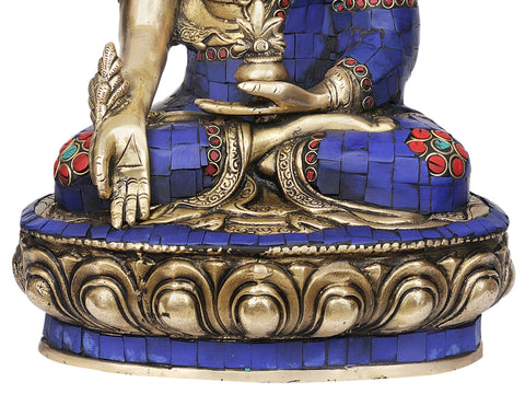12" (Tibetan Buddhist Deity) Lapis Lazuli Healing Buddha In Brass | Handmade | Made In India