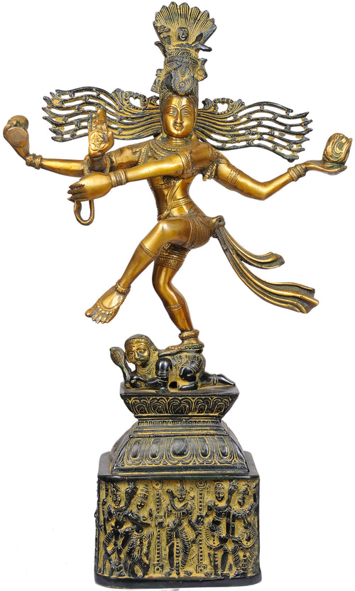 Rudra Tandava Dancing Shiva and Parvati Brass Statue with Pedestal