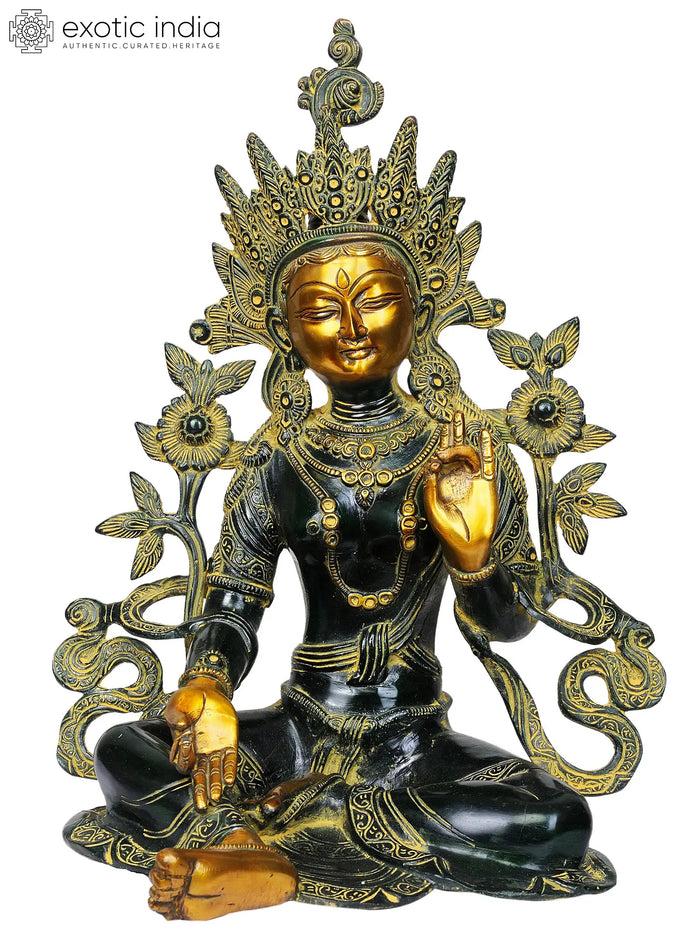 15" Tibetan Buddhist Goddess Green Tara In Brass | Handmade | Made In India