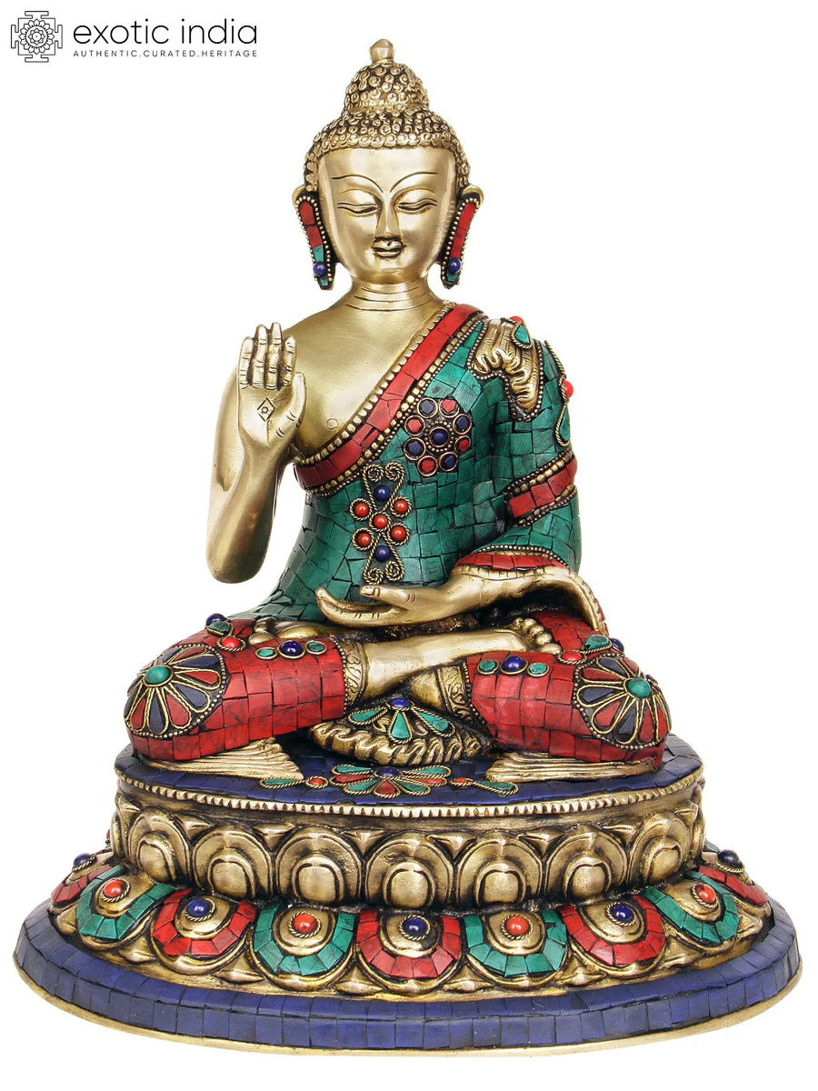 13" Handmade Brass Lord Buddha Abhaya Statue with Inlay Work