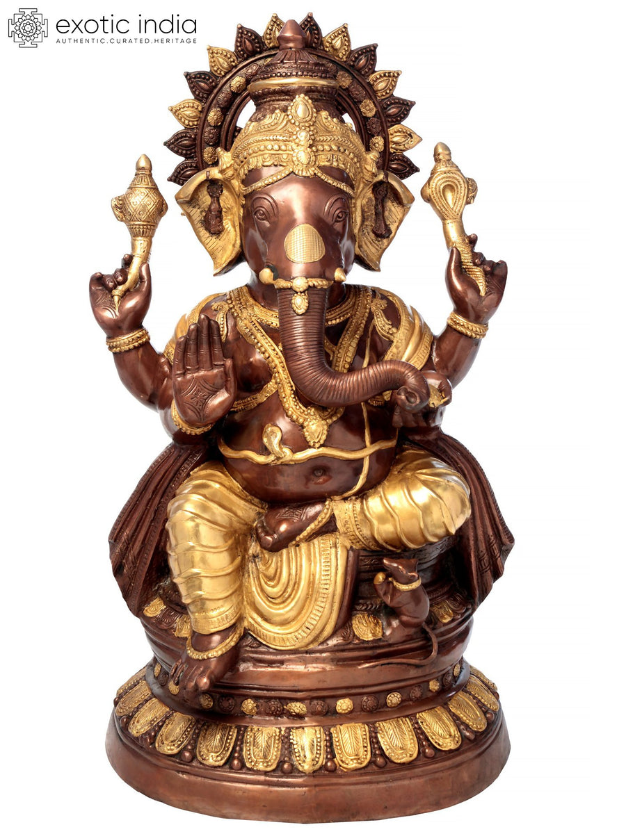 36" Large Handmade Lord Ganesha Brass Statue for Home Temple