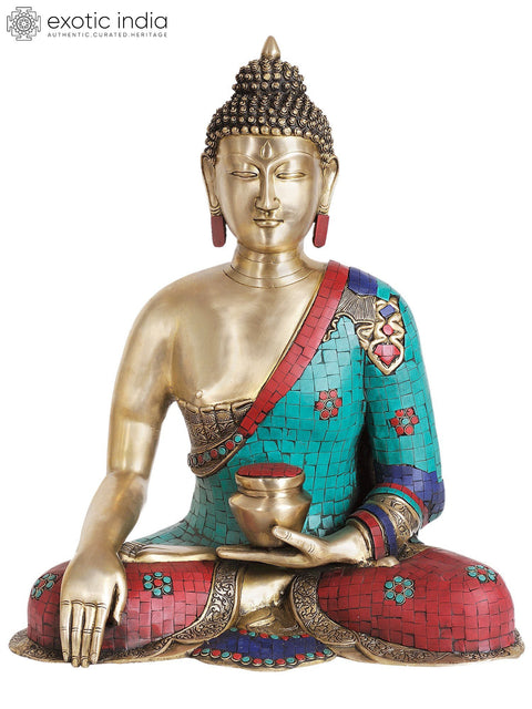 24" Lord Buddha in Bhumisparsha Mudra (In Silver Hue with Inlay Work) In Brass | Handmade | Made In India