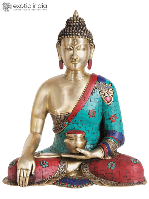 24" Lord Buddha Bhumisparsha Mudra Brass Statue with Silver Inlay