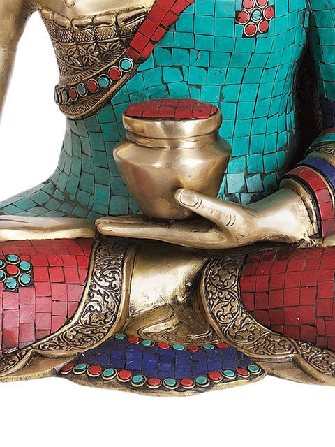 24" Lord Buddha in Bhumisparsha Mudra (In Silver Hue with Inlay Work) In Brass | Handmade | Made In India
