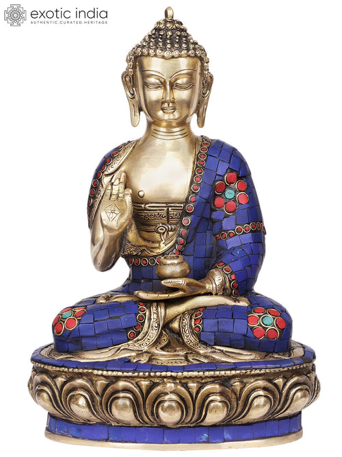 12" Lord Buddha Brass Statue Interpreting Dharma with Blue Inlay Robes