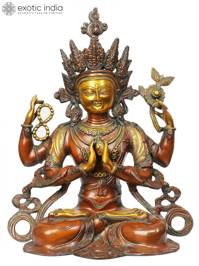 15" Tibetan Buddhist Deity- Chenrezig (Shadakshari Lokeshvara) In Brass | Handmade | Made In India