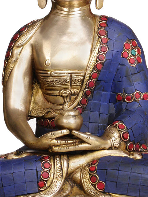 13" Lord Buddha with Pinda-Patra (with Superfine Inlay Work) In Brass