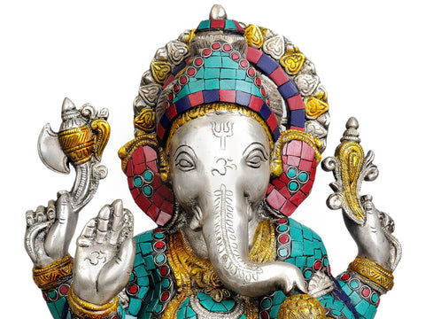 13" Lord Ganesha in Silver Hue with Inlay Work In Brass