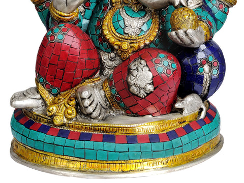 13" Lord Ganesha in Silver Hue with Inlay Work In Brass