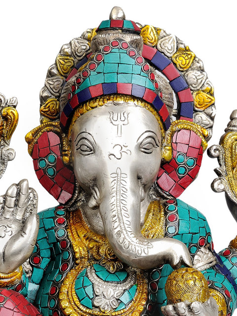 13" Lord Ganesha in Silver Hue with Inlay Work In Brass