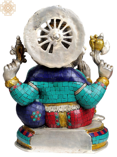 13" Lord Ganesha in Silver Hue with Inlay Work In Brass
