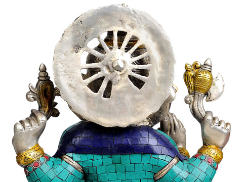 13" Lord Ganesha in Silver Hue with Inlay Work In Brass