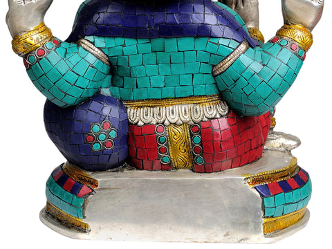 13" Lord Ganesha in Silver Hue with Inlay Work In Brass