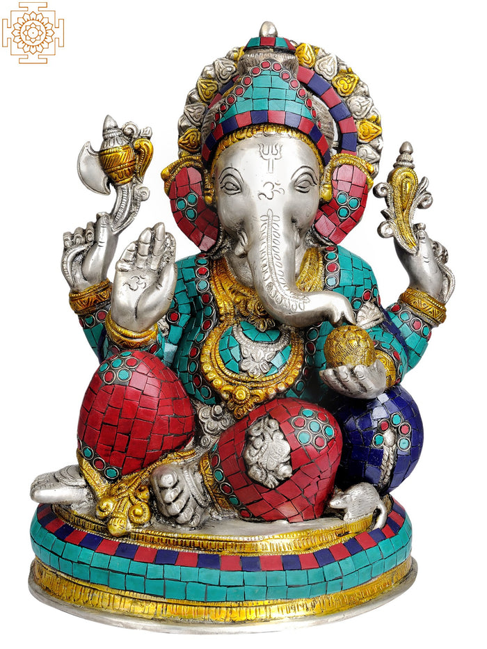 13" Lord Ganesha Brass Statue with Silver Inlay Work
