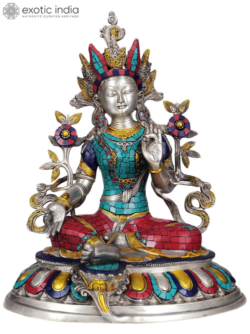 18" Green Tara Brass Statue with Silver Inlay Work Handmade