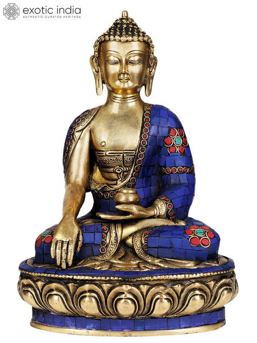 12" Brass Lord Buddha Bhumisparsha Mudra Statue with Inlay Work