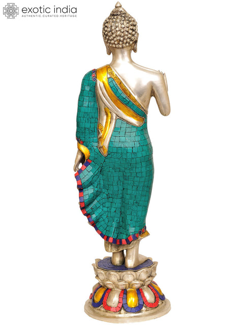 21" Standing Buddha (with Inlay Work) In Brass | Handmade | Made In India