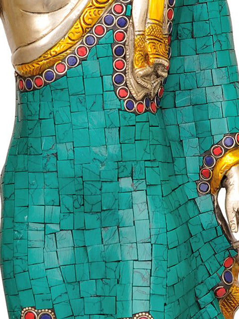 21" Standing Buddha (with Inlay Work) In Brass | Handmade | Made In India