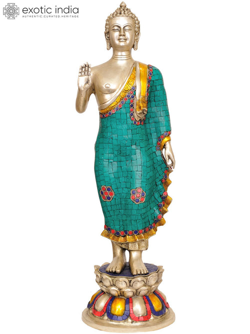 21" Standing Buddha Brass Statue With Inlay Work Handmade