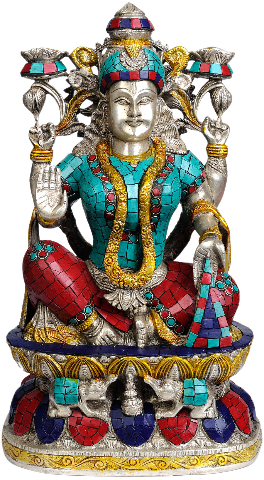 15" Handmade Goddess Lakshmi Brass Idol with Inlay Work