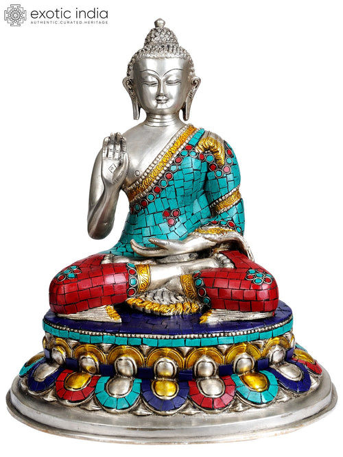 13" Lord Buddha Abhaya Mudra Brass Statue with Inlay Work