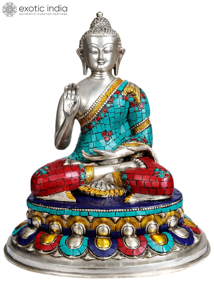 13" Lord Buddha Abhaya Mudra Brass Statue with Inlay Work
