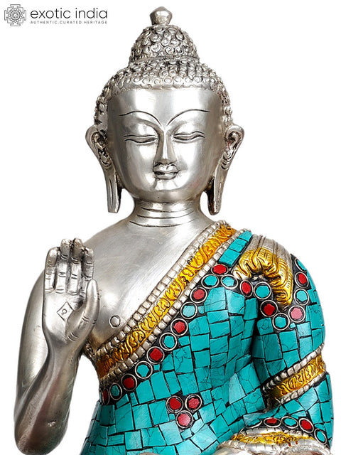 13" Lord Buddha Granting Abhaya (with Inlay Work) In Brass