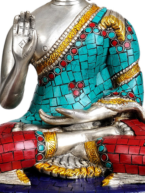 13" Lord Buddha Granting Abhaya (with Inlay Work) In Brass