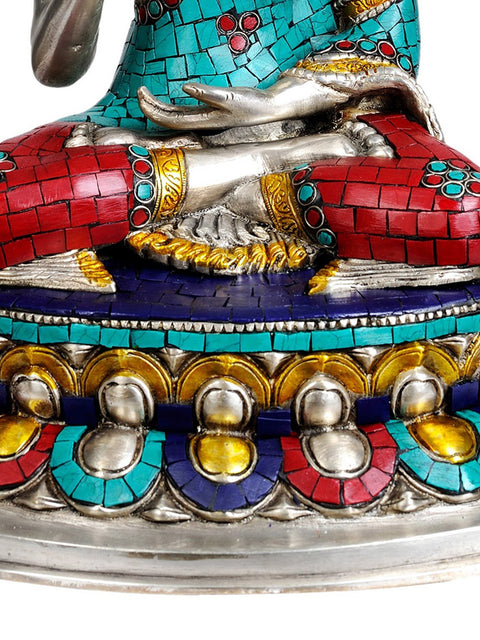 13" Lord Buddha Granting Abhaya (with Inlay Work) In Brass