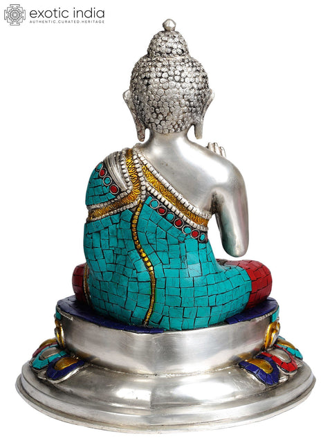 13" Lord Buddha Granting Abhaya (with Inlay Work) In Brass