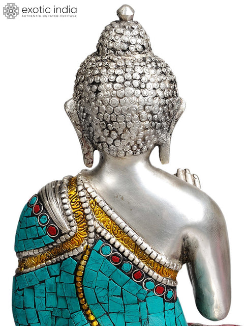 13" Lord Buddha Granting Abhaya (with Inlay Work) In Brass